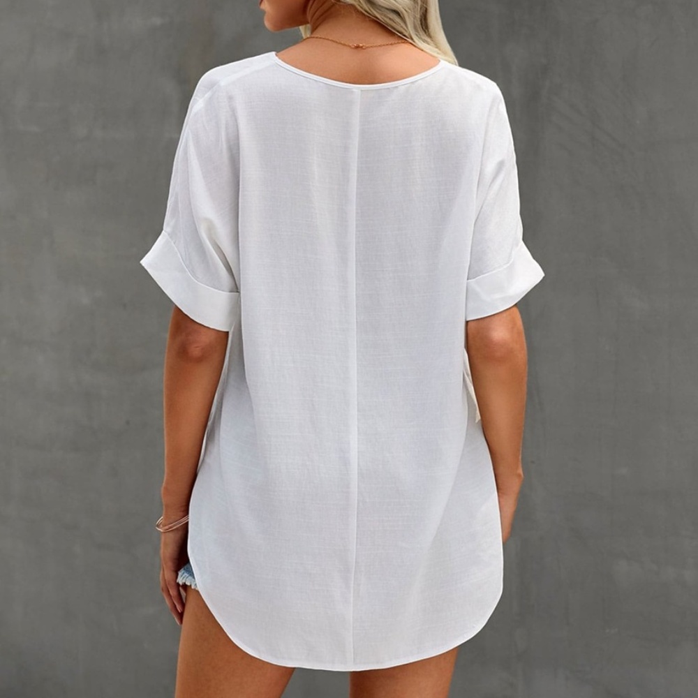 boho White V neck Cuff Short Sleeve oversized Blouse - Picture 3 of 7